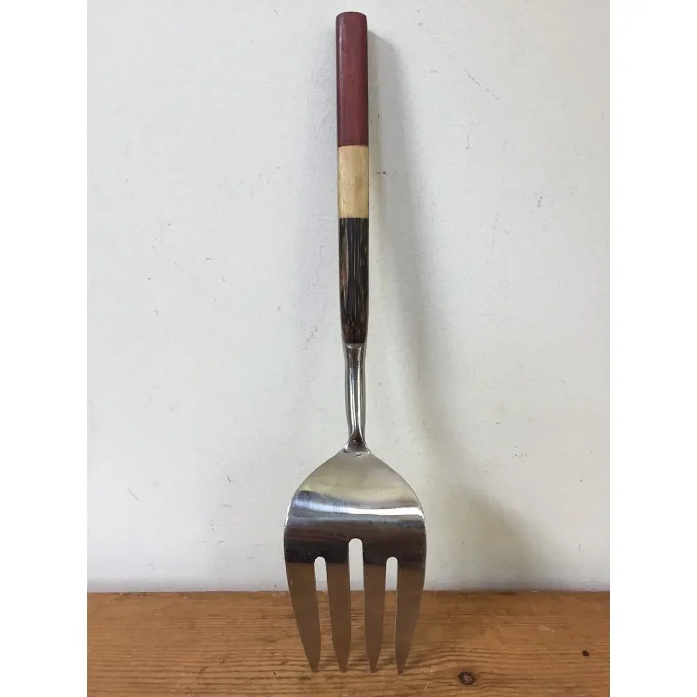 Vintage Style Bamboo Wood Asian Handle Stainless Serving Salad Fork Utensil 11